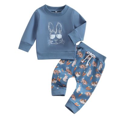 Adobabirl Toddler Baby Boy Girl Easter Outfit Bunny Crewneck Sweatshirt Carrot Pants Set Fall Winter Spring Clothes (Rabbit Blue,2-3T)