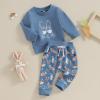 Adobabirl Toddler Baby Boy Girl Easter Outfit Bunny Crewneck Sweatshirt Carrot Pants Set Fall Winter Spring Clothes (Rabbit Blue,2-3T) view 2