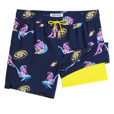 maamgic 7 Inch Mens Swim Trunks with Compression Liner Board Shorts with Zippered Pocket Bathing Suit for Beach Vacation Navy Blue Submarine Astronaut Large