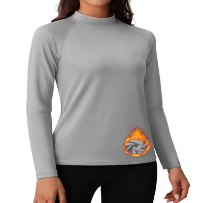 MAGCOMSEN Long Sleeve Workout Tops for Women Fleece Lined Thermal Shirts Running Warm Underwear Active Base Layer Light Grey L