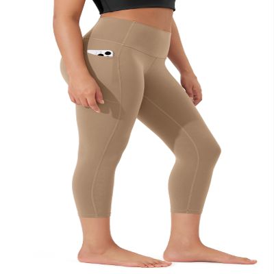 ODODOS Buttery Soft Lounge Yoga Capris with Pockets for Women 21" High Waist Cropped Capri Leggings, Light Brown, X-Small