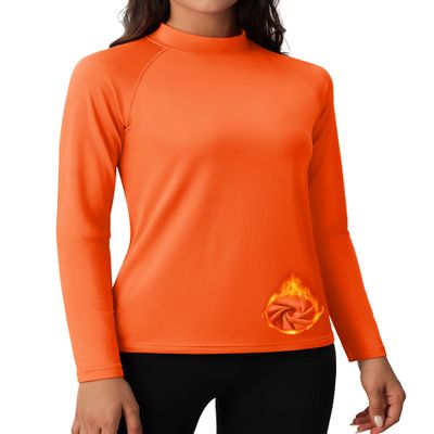 MAGCOMSEN Long Sleeve Workout Shirt for Women Fleece Lined Thermal Tops Warm Underwear Mock Neck Winter Running Skiing Orange S