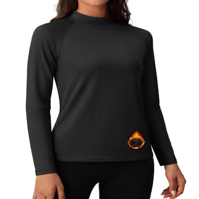 MAGCOMSEN Fleece Tops for Women Long Sleeve Thermal Underwear Mock Turtleneck Shirt Winter Athletic Base Layer Workout Black XL