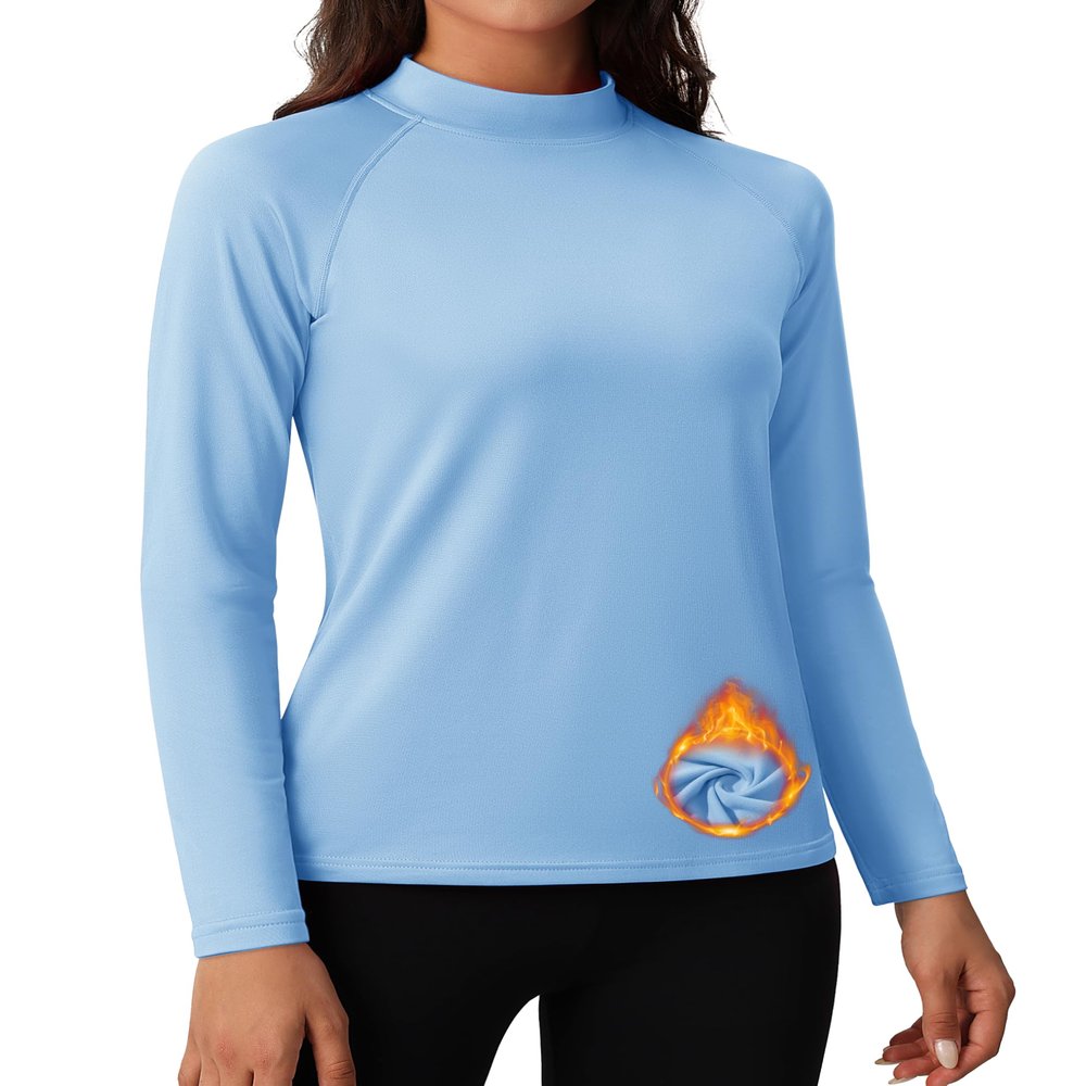MAGCOMSEN Fleece Lined Long Sleeve Shirts for Women Mock Turtleneck Thermal Underwear Baselayer Workout Tops Winter Light Blue 2XL