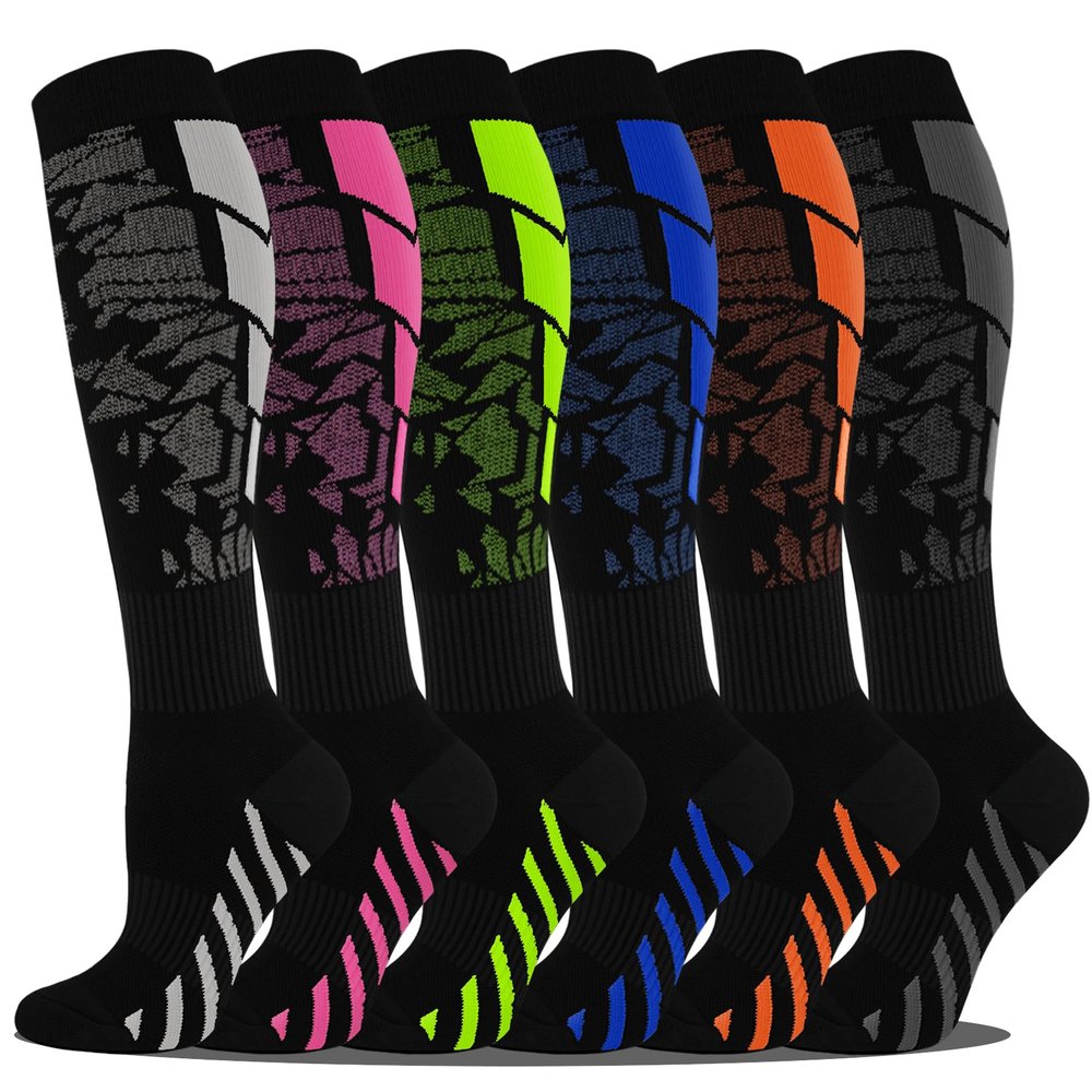 6 Pairs Plus Size Compression Socks for Men & Women Wide Calf 20-30 mmHg Graduated Compression Stockings for Support Blood Circulation Varicos Veins Ted Varices Anti Embolism(Colorful Series,2XL-3XL)