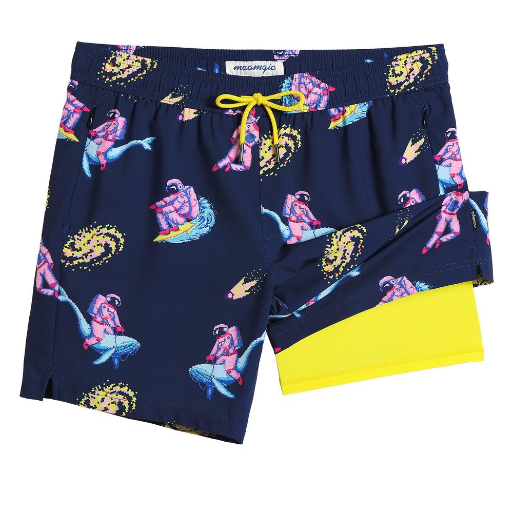 maamgic 7 Inch Mens Swim Trunks with Compression Liner Board Shorts with Zippered Pocket Bathing Suit for Beach Vacation Navy Blue Submarine Astronaut X-Small