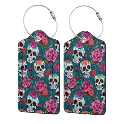 Bones and Flowers Leather Luggage Tag with Stainless Steel Ring, Fun Name Id Card Cover Travel Bag Tag Set, Suitable for Travel Bag Luggage Women Men 1 PCS