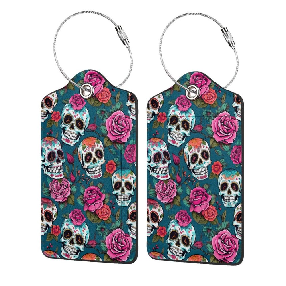 Bones and Flowers Leather Luggage Tag with Stainless Steel Ring, Fun Name Id Card Cover Travel Bag Tag Set, Suitable for Travel Bag Luggage Women Men 1 PCS