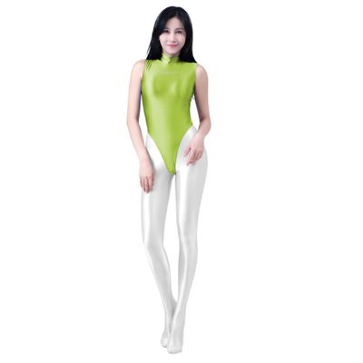 AMORESY Eris Collection High Neck Sleeveless Glossy Extra High Leg Silky Thong Swimsuit Bodysuit(022) (US, Alpha, Medium, Regular, Regular, Acid Lime)