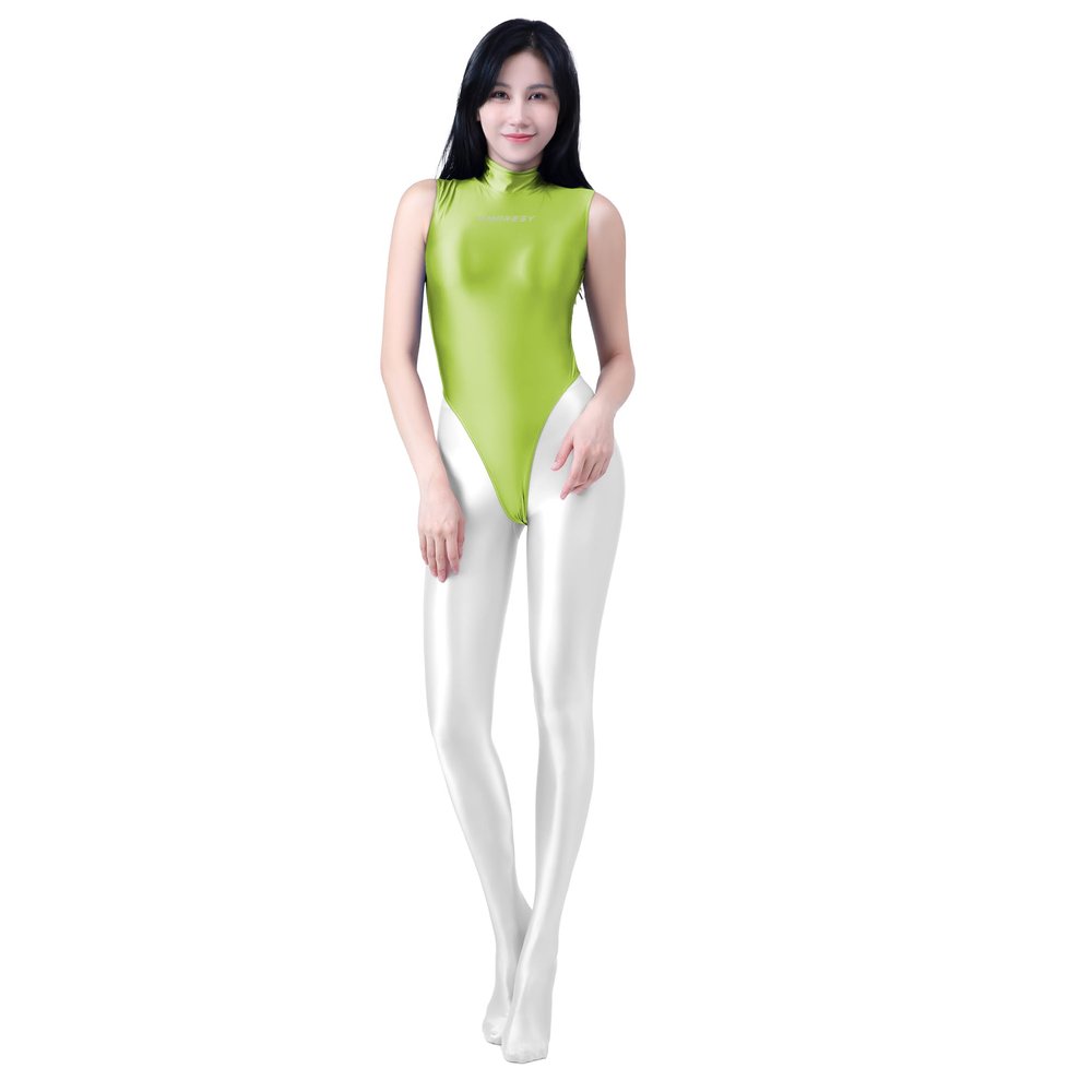 AMORESY Eris Collection High Neck Sleeveless Glossy Extra High Leg Silky Thong Swimsuit Bodysuit(022) (US, Alpha, Medium, Regular, Regular, Acid Lime)