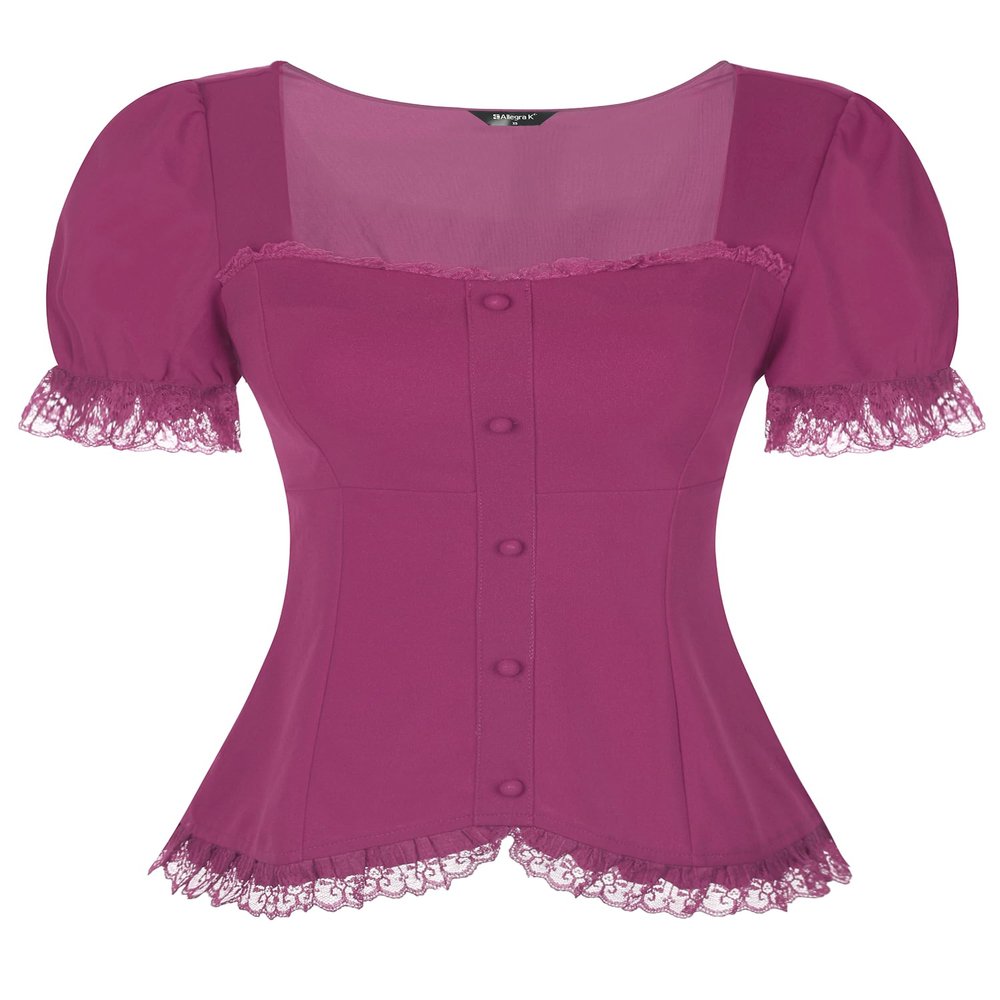 Allegra K Victorian Shirt for Women's Sweetheart Neck Puff Sleeve Halloween Lace Up Gothic Blouse X-Small Purple
