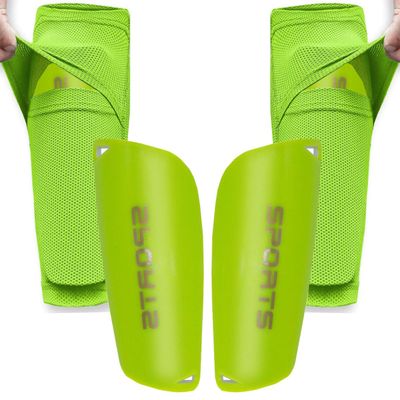 Soccer Shin Guards for Kid Youth Teen Adult - Shin Guards Sleeves with Inserted Pocket Cushion Protection Reduce Shocks and Injuries for TeamSports (Neon Green, Small)