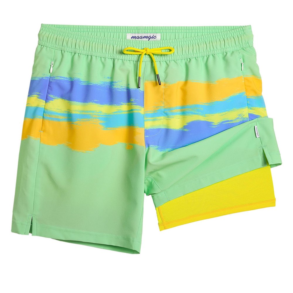 maamgic 7 Inch Mens Swim Trunks with Compression Liner Board Shorts with Zippered Pocket Bathing Suit for Beach Vacation Green and Yellow Stripes X-Large