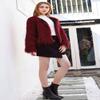 foefaik Women's Burgundy Shaggy Faux Fur Coat Long Sleeves Jacket Outerwear Tops view 3