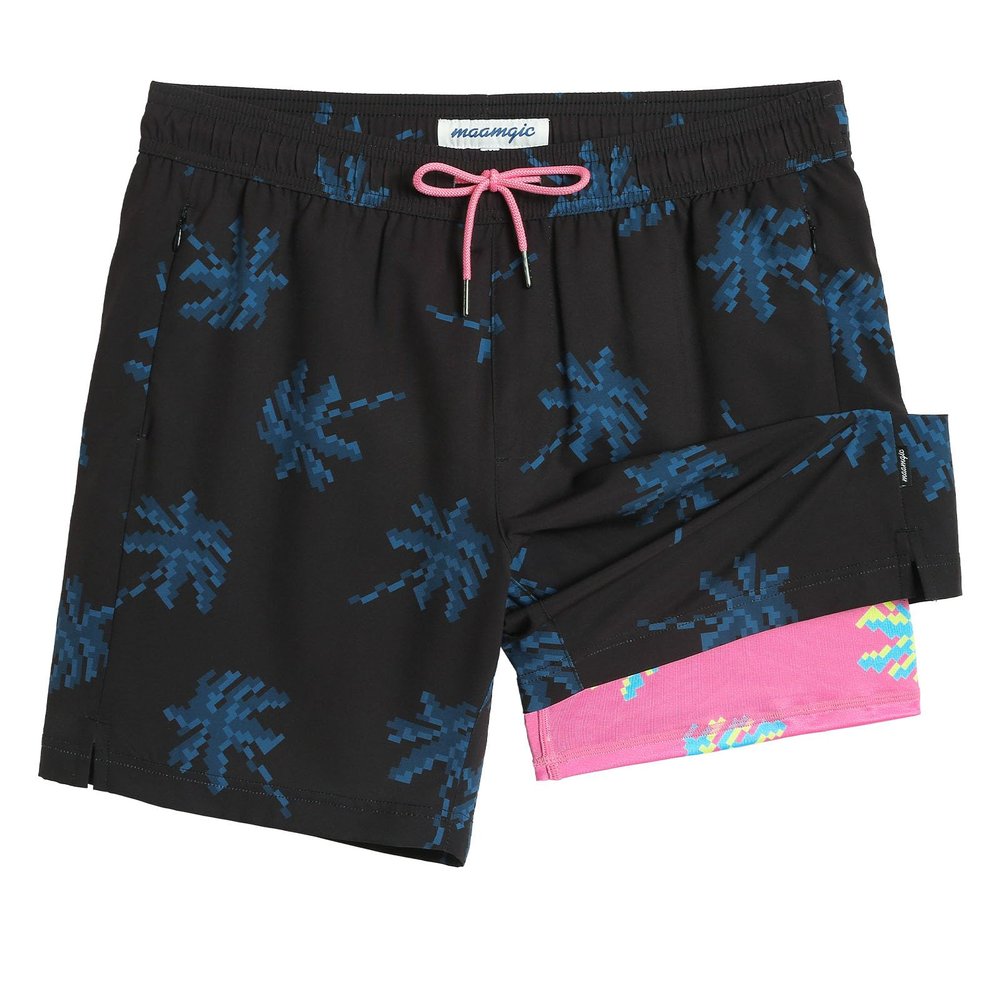 maamgic 7 Inch Mens Swim Trunks with Compression Liner Board Shorts with Zippered Pocket Bathing Suit for Beach Vacation Black and Pink Coconut Trees Small