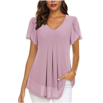 XUNRYAN Womens Summer Dressy Chiffon Blouses Petal Short Sleeve V Neck Tunic Tops for Leggings Casual T-Shirts Flowy Pleated Pink