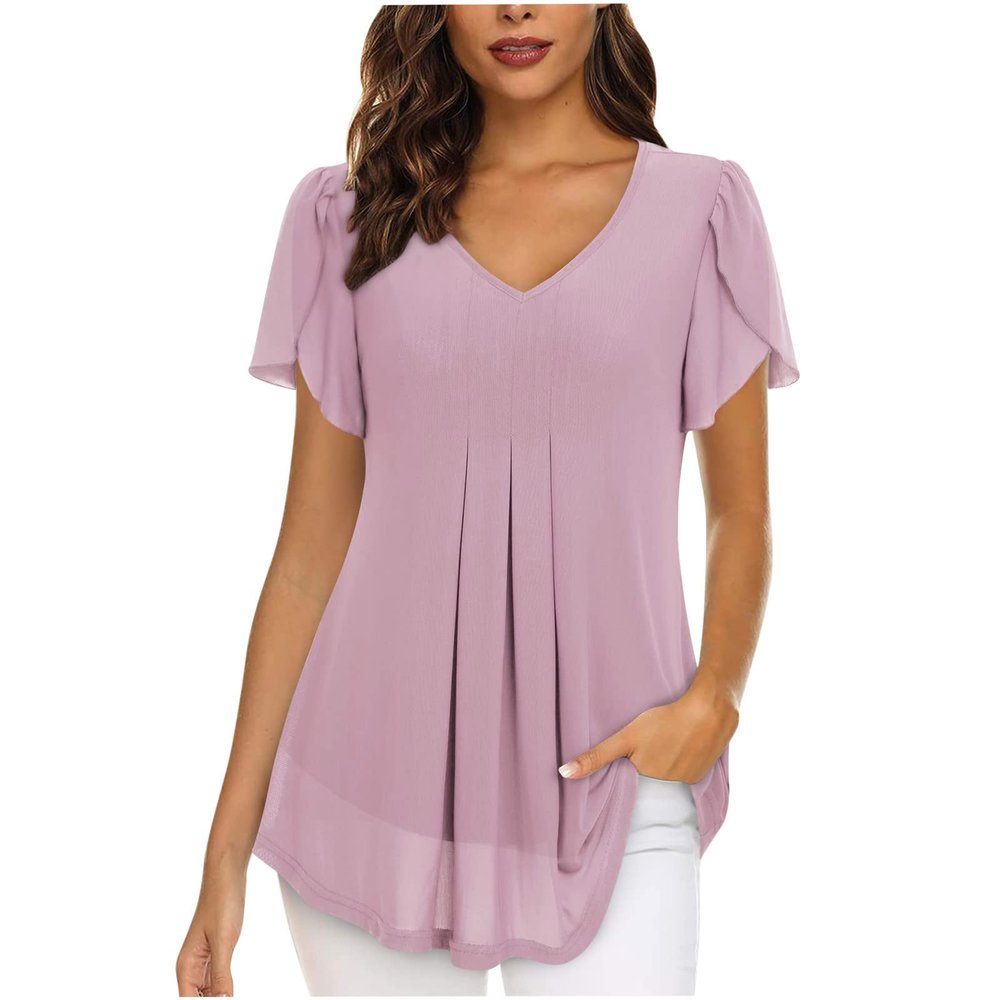 XUNRYAN Womens Summer Dressy Chiffon Blouses Petal Short Sleeve V Neck Tunic Tops for Leggings Casual T-Shirts Flowy Pleated Pink
