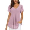 XUNRYAN Womens Summer Dressy Chiffon Blouses Petal Short Sleeve V Neck Tunic Tops for Leggings Casual T-Shirts Flowy Pleated Pink view 1