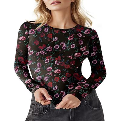AKEWEI Women Long Sleeeve Mesh Lace Shirt Sexy Sheer See Through Top Crew Neck Y2K Floral Print Clubwear Tee(Black Print,M)