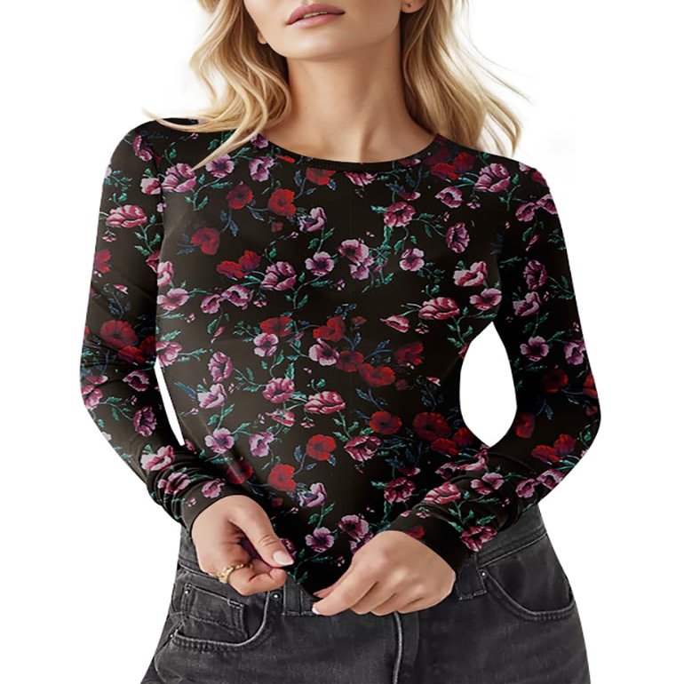AKEWEI Women Long Sleeeve Mesh Lace Shirt Sexy Sheer See Through Top Crew Neck Y2K Floral Print Clubwear Tee(Black Print,M)