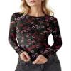 AKEWEI Women Long Sleeeve Mesh Lace Shirt Sexy Sheer See Through Top Crew Neck Y2K Floral Print Clubwear Tee(Black Print,M) view 1