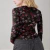 AKEWEI Women Long Sleeeve Mesh Lace Shirt Sexy Sheer See Through Top Crew Neck Y2K Floral Print Clubwear Tee(Black Print,M) view 2