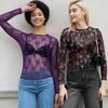 AKEWEI Women Long Sleeeve Mesh Lace Shirt Sexy Sheer See Through Top Crew Neck Y2K Floral Print Clubwear Tee(Black Print,M) view 3