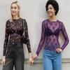 AKEWEI Women Long Sleeeve Mesh Lace Shirt Sexy Sheer See Through Top Crew Neck Y2K Floral Print Clubwear Tee(Black Print,M) view 4