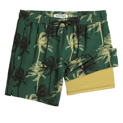 maamgic 7 Inch Mens Swim Trunks with Compression Liner Board Shorts with Zippered Pocket Bathing Suit for Beach Vacation Dark Green Coconut Trees Medium