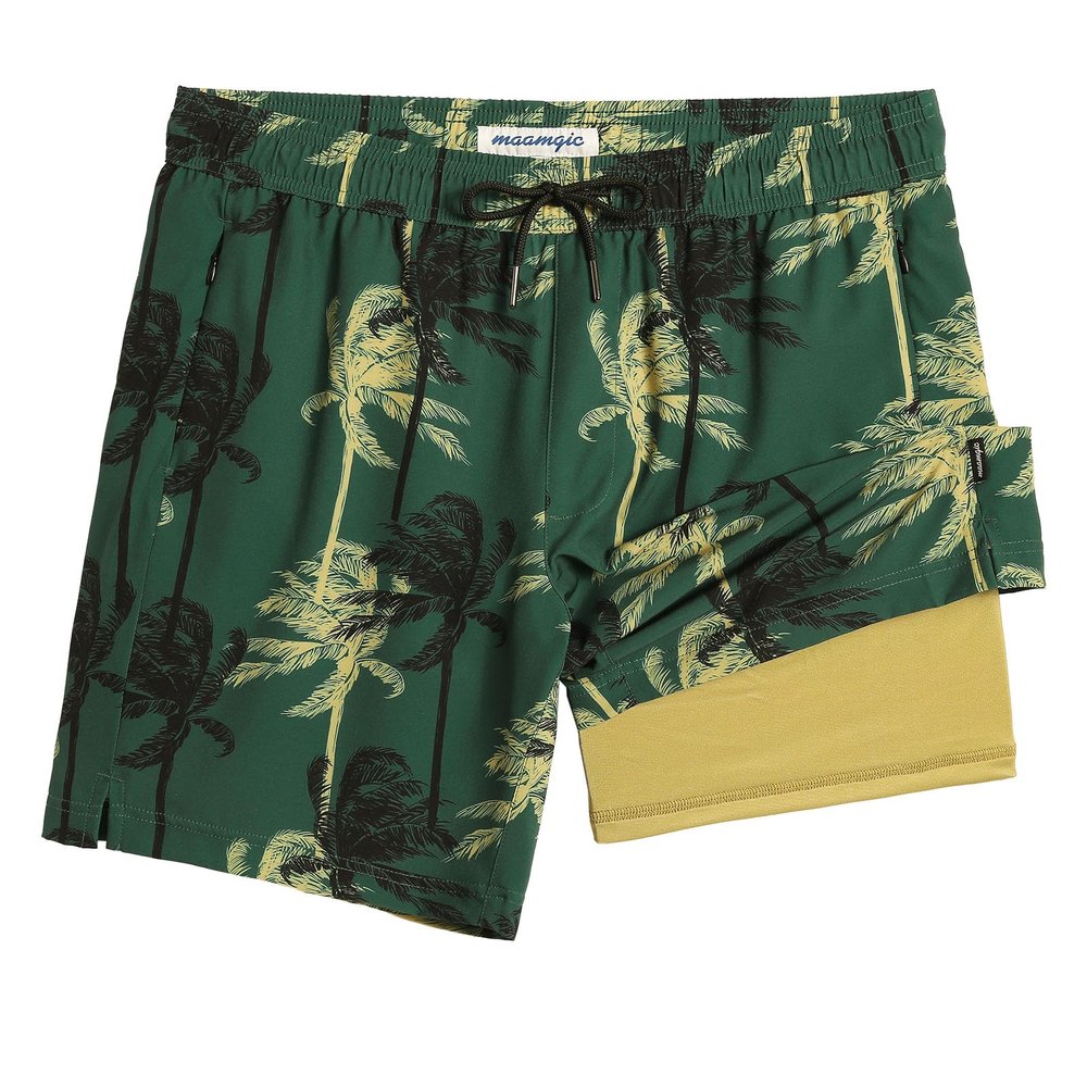 maamgic 7 Inch Mens Swim Trunks with Compression Liner Board Shorts with Zippered Pocket Bathing Suit for Beach Vacation Dark Green Coconut Trees Medium