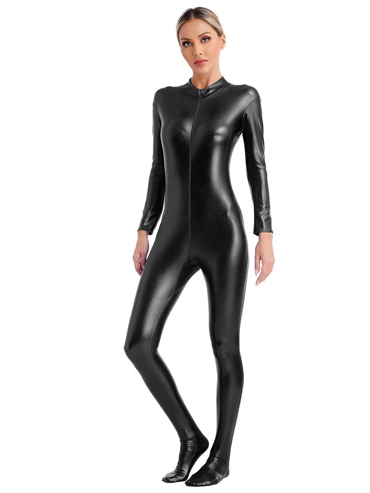 Fldy Women's Turtleneck Full Length Bodysuit Unitards Spandex Zentai Costumes Gymnastics Leotard Black Medium