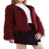 foefaik Women's Burgundy Shaggy Faux Fur Coat Long Sleeves Jacket Outerwear Tops view 1