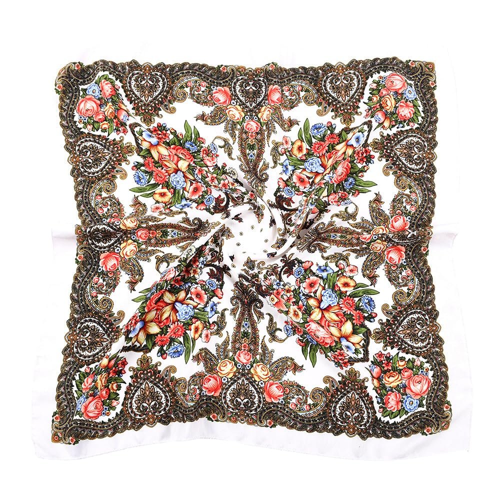 ZGYDNM Spring And Autumn Bohemian Style Flowers Head Scarf Shawl, 70x70cm(White) Russian And Ukrainian Style Square Shawls Scarves