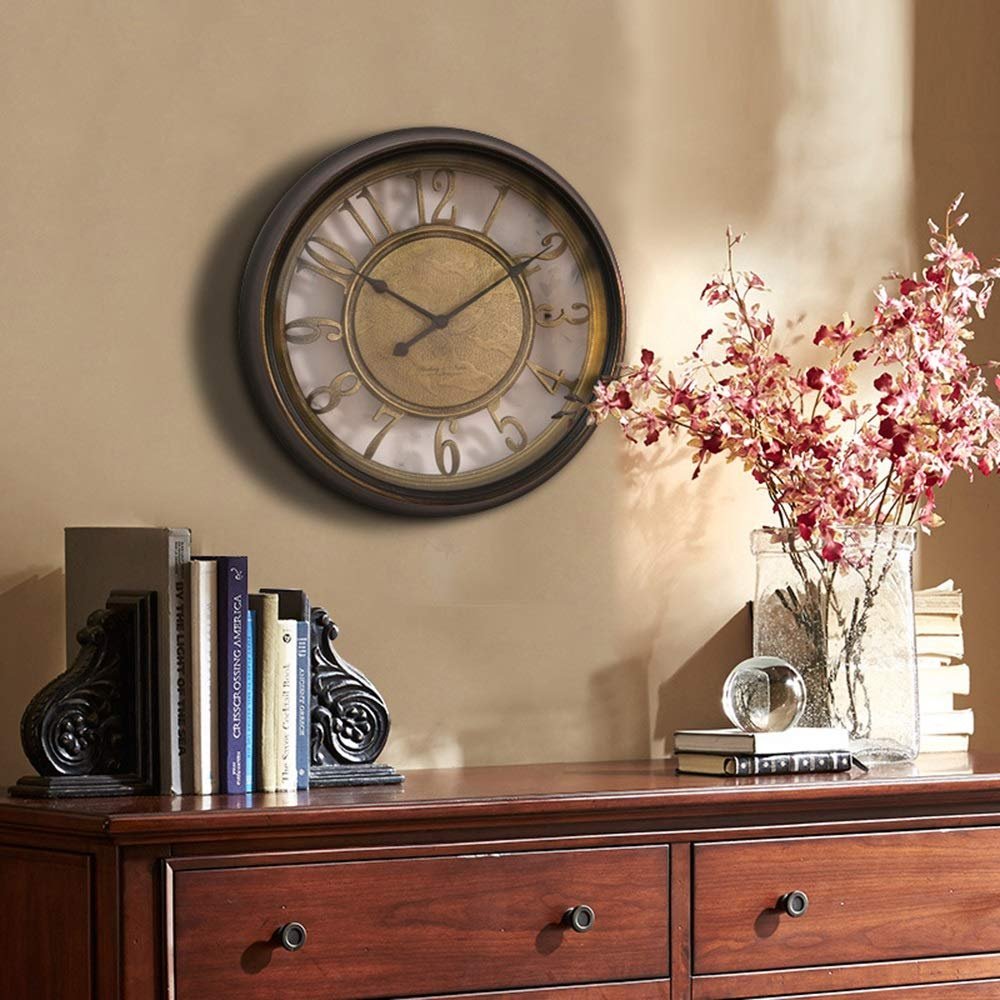 OrBheS Wall Clock Brown European-Style Fashion Wall Clock Living Room Personality Bedroom Wall Table Retro Creative Single-Sided Clock Wall Decoration 37 * 37 (cm)