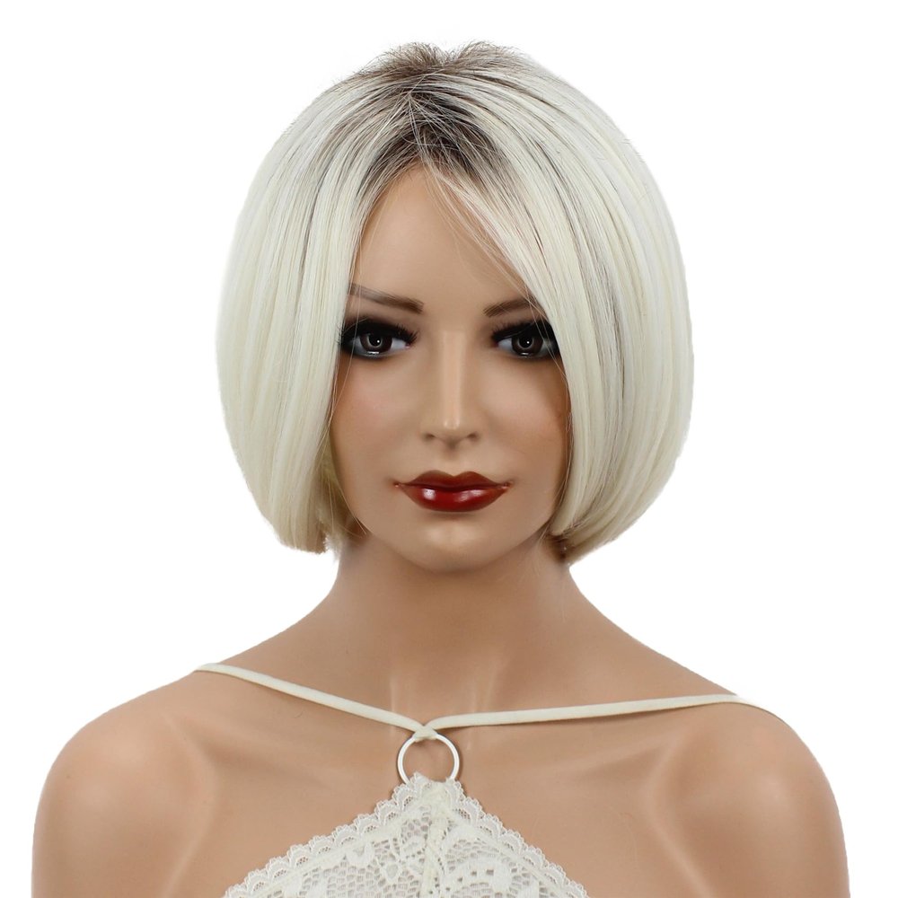 Aimole Short Ombre White Straight Wigs Halloween Costume Cosplay Party Daily Synthetic Women Hair Heat Resistant Wig (613AM)