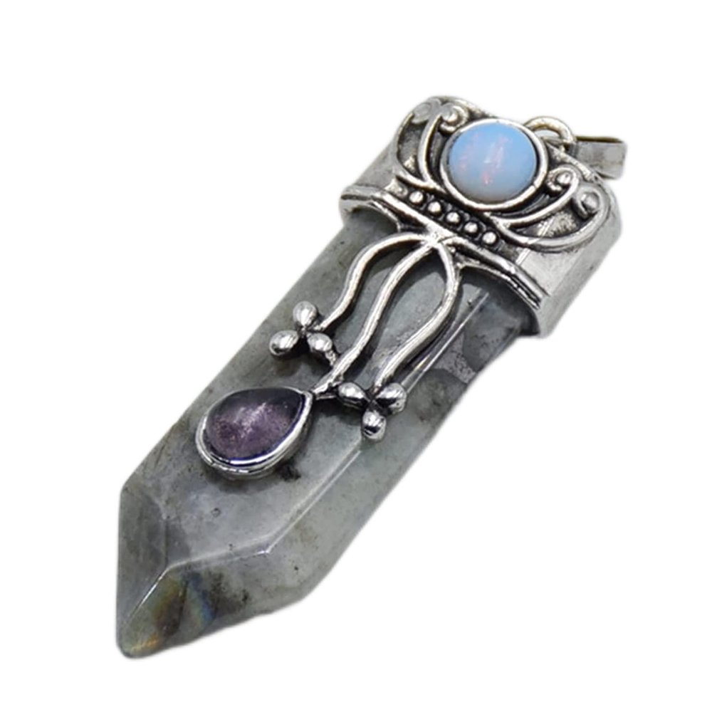 Make jewelry yourself natural amethyst pink quartz stone sword necklace trailer labradorite Lapis lazuli black onyx arrow pearl round opal jewelry geman pendant (Size : Labradorite)