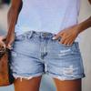 Pink Queen Ripped Jean Shorts for Women Spring Mid Waist Stretchy Denim Hot Shorts Distressed Rolled Hem Frayed Short Jeans with Pockets Blue L view 3