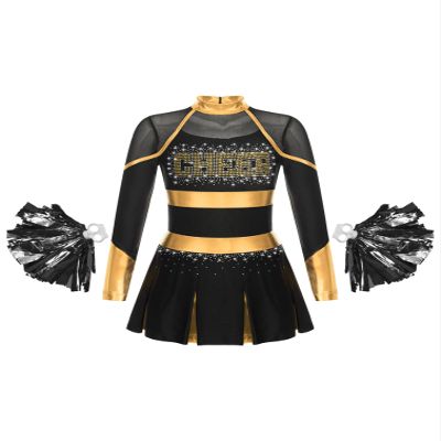 TiaoBug Kids Girls Rhinestone Letter Print Long Sleeve Cheerleading Uniform Dance Dress with Pom Pom Carnival Dancewear Black&Gold 8 Years