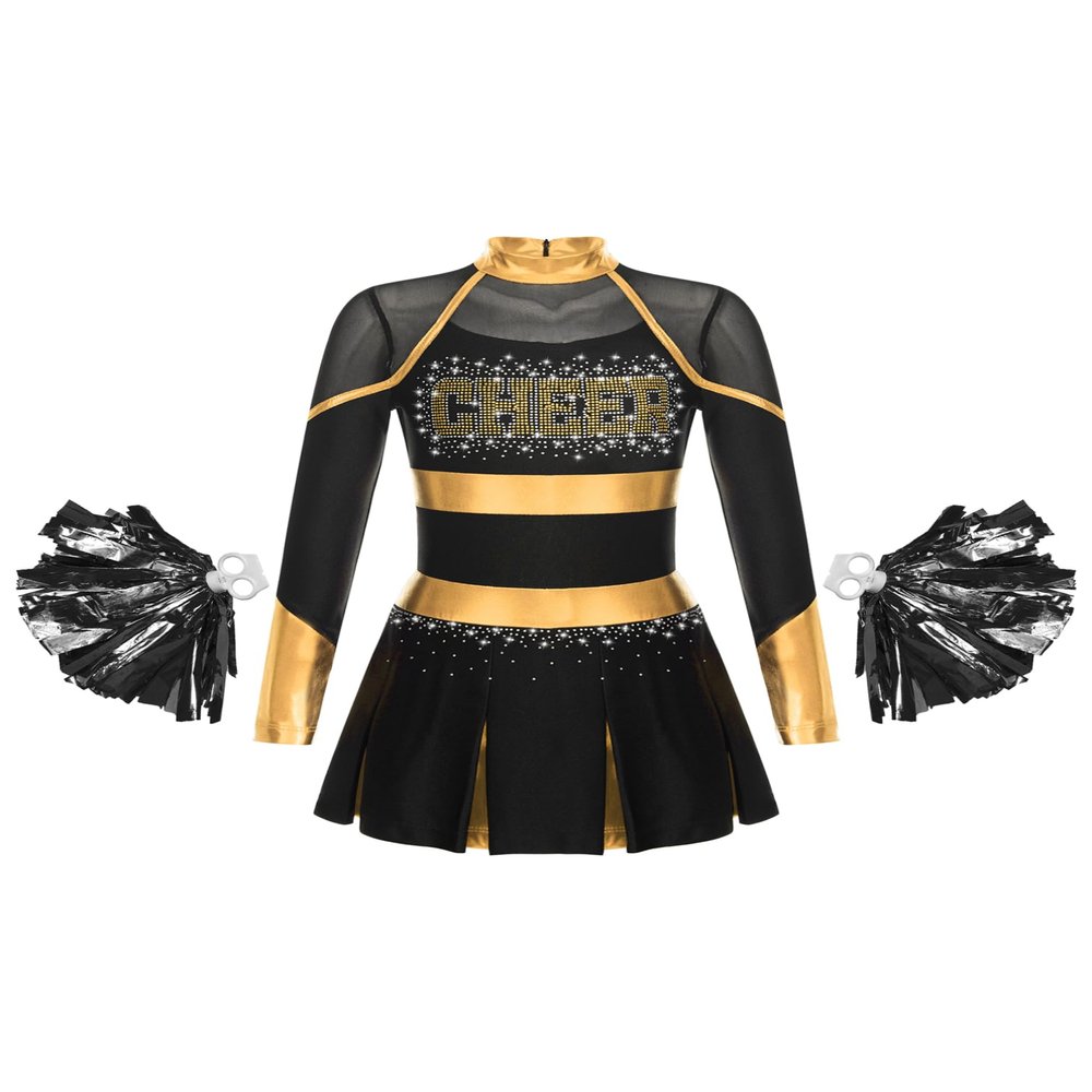 TiaoBug Kids Girls Rhinestone Letter Print Long Sleeve Cheerleading Uniform Dance Dress with Pom Pom Carnival Dancewear Black&Gold 8 Years