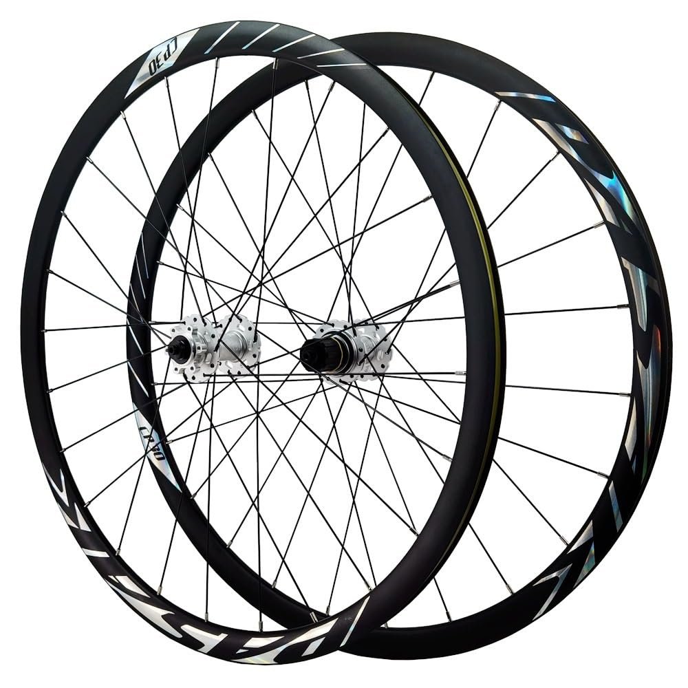 LSRRYD Wheel Set 700C Thru Axle Road Bike Wheelset Disc Brake 8 9 10 11 12 Speed Cassette Bearing Hubs 24H 30MM Aluminum Alloy Rims (Color : Black-Silver, Size : Thru Axle B)