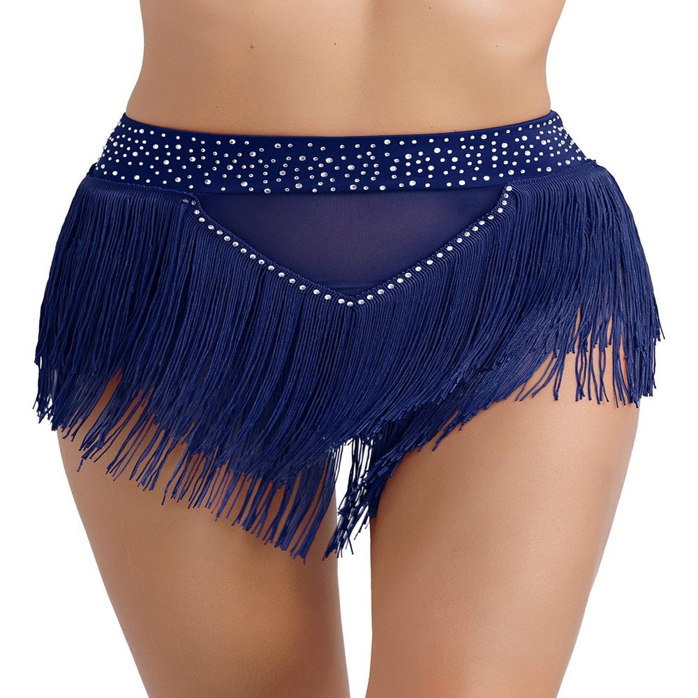Alvivi Women's Tassel Samba Dancewear High Elastic Belly Dance Shorts Bottoms Fringed Rave Mini Skirts Navy Blue XX-Large