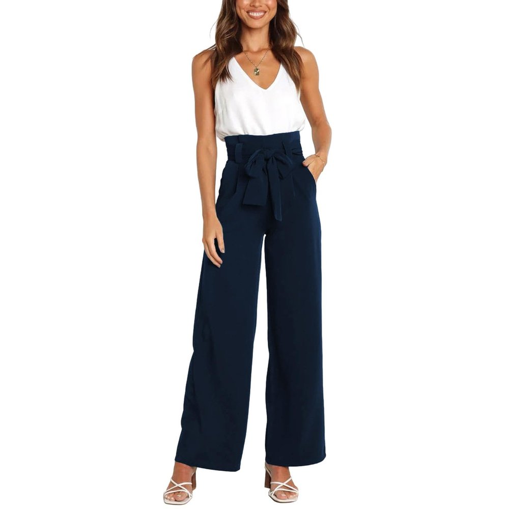 CROSTRITON Womens Stretchy High Waisted Wide Leg Pants Business Loose Straight Leg Flatting Pants with Belt Navy Blue
