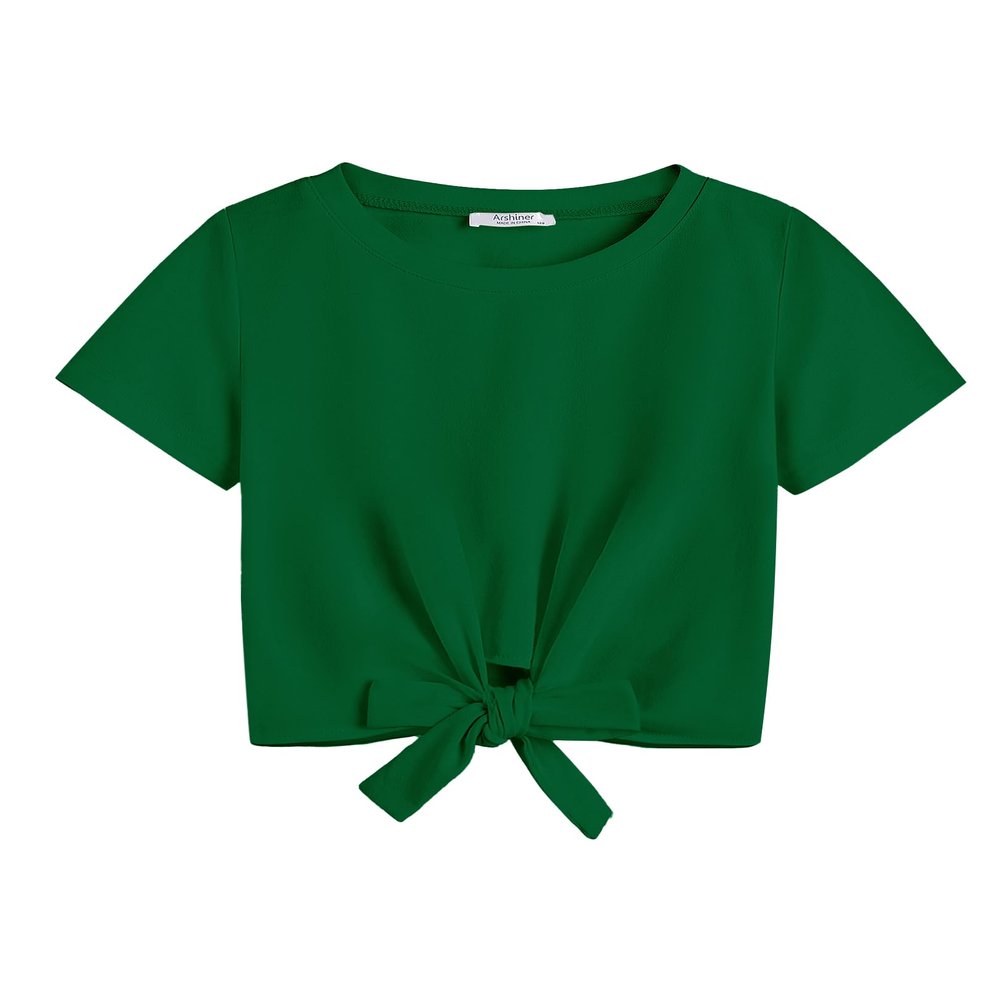 Arshiner Top Kids Shirt with Tie Knot Front Girls Cute Shirts Loose Round Neck Girls Tank Tops Size 6-7 Dark Green