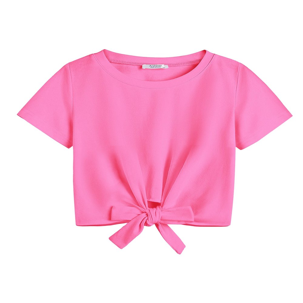 Arshiner Girls Cute Shirts with Short Sleeve Casual Summer Large T Shirts for Girls Tie Knot Front Tops Girls 10-12 Dark Pink