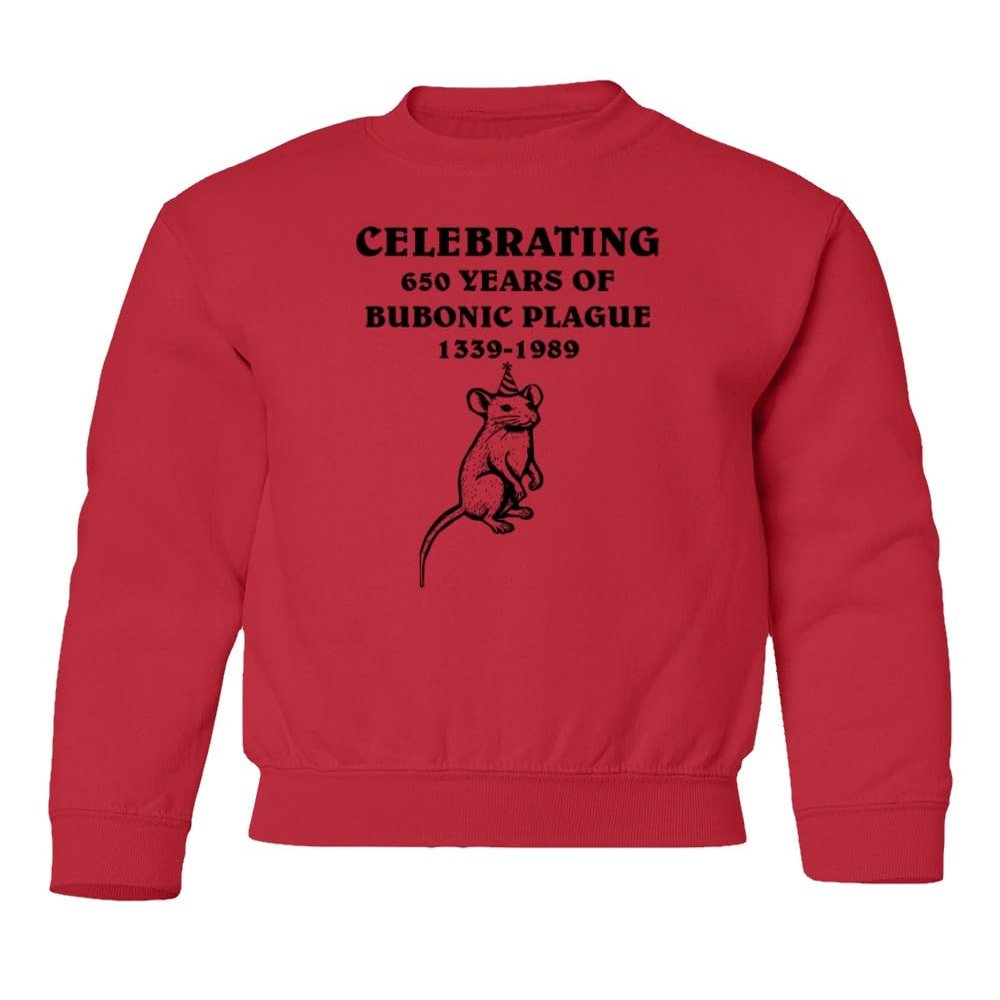 superhotapparel Celebrating 650 Years Of Bubonic Plague Rat 1339-1989 Youth Crewneck Sweatshirt (Red, Youth Small)