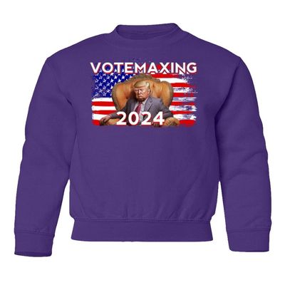 superhotapparel Votemaxing 2024 Elections Trump American Flag Funny Youth Crewneck Sweatshirt (Purple, Youth Large)