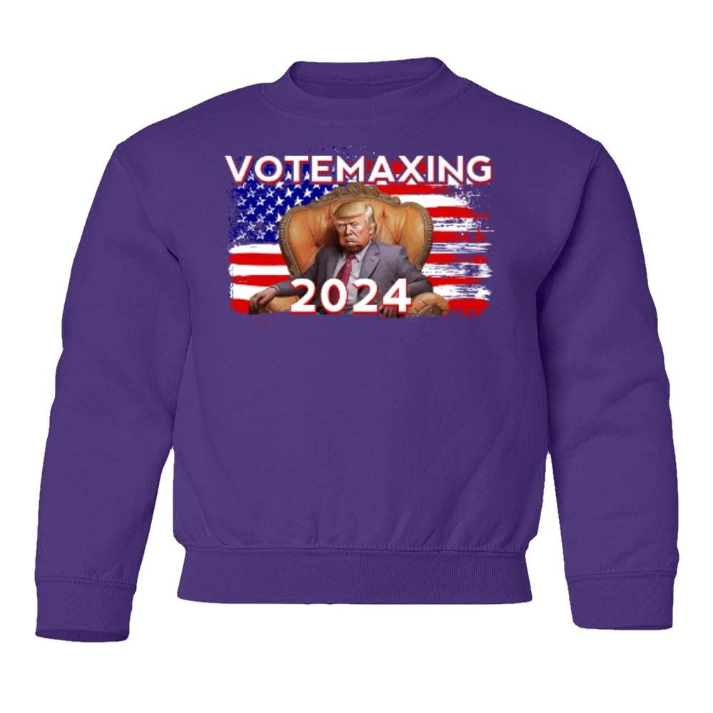 superhotapparel Votemaxing 2024 Elections Trump American Flag Funny Youth Crewneck Sweatshirt (Purple, Youth Large)