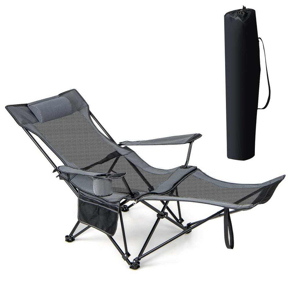 GYMAX Camping Chair, Adjustable Reclining Lounge Chair w/Removable Footrest, Padded Pillow, Cup Holder & Side Pocket, Folding Camping Mesh Chair w/Carry Bag for Outdoor Patio Lakeside (1, Grey)