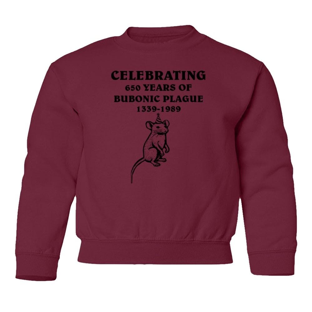 superhotapparel Celebrating 650 Years Of Bubonic Plague Rat 1339-1989 Youth Crewneck Sweatshirt (Maroon, Youth Small)