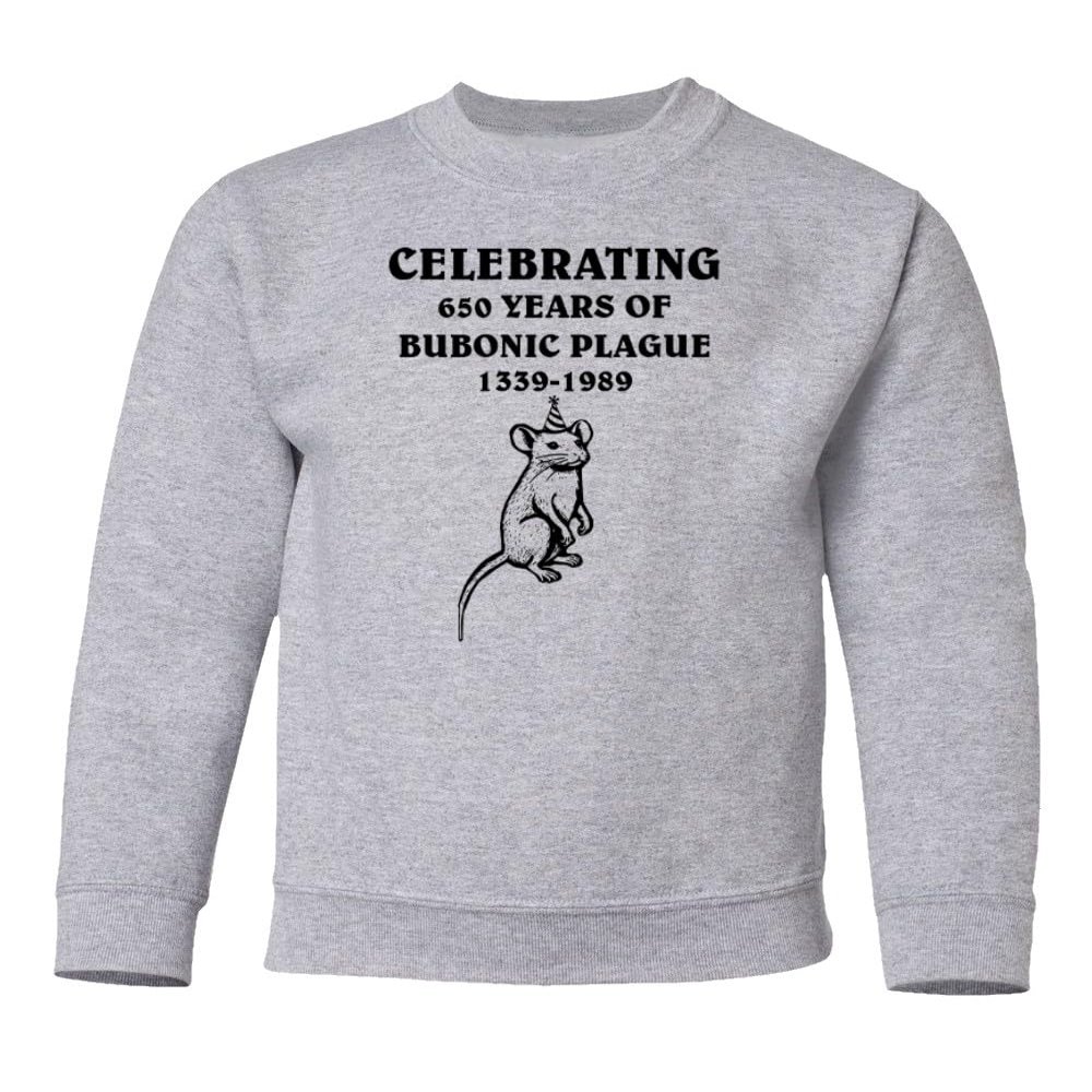 superhotapparel Celebrating 650 Years Of Bubonic Plague Rat 1339-1989 Youth Crewneck Sweatshirt (Ash, Youth Small)